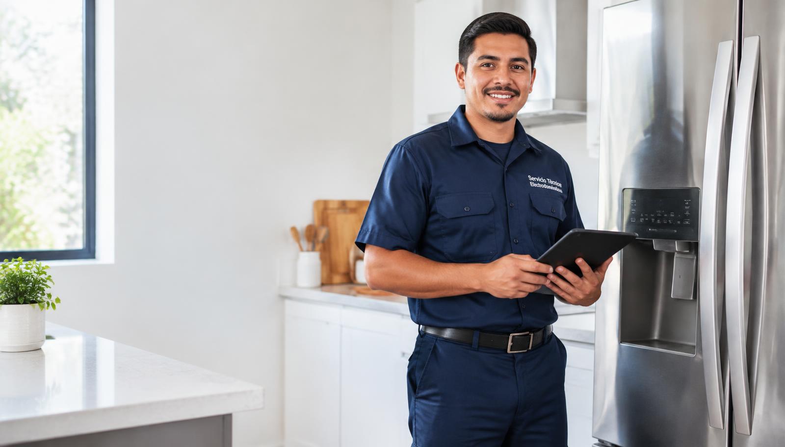 Técnico de Servimaya sonriente junto a un refrigerador