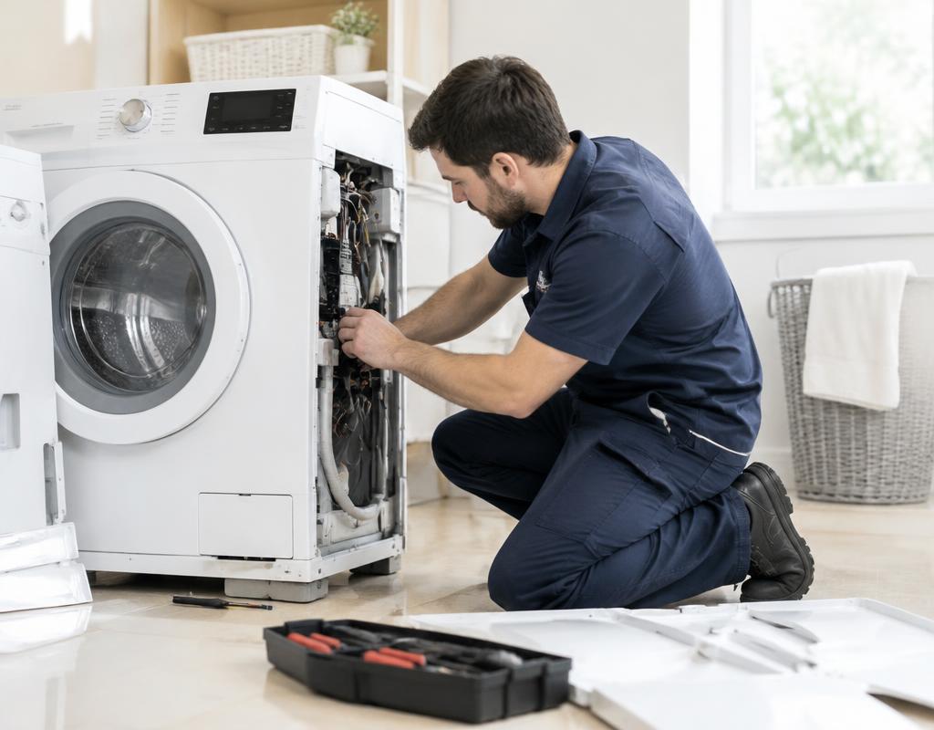 Técnico reparando el panel interno de una lavadora