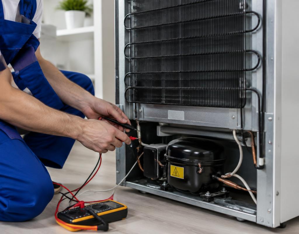 Técnico midiendo con multímetro el compresor de un refrigerador